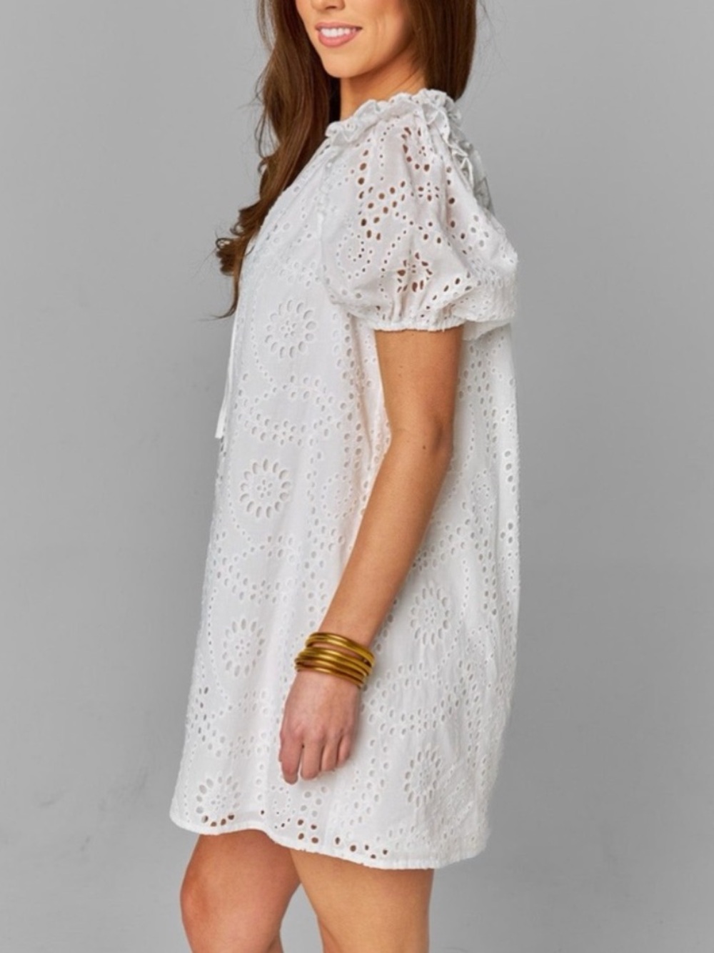 BuddyLove Women’s Large Kelly White Ivory Eyelet Puff Sleeve Mini Dress - Picture 4 of 9